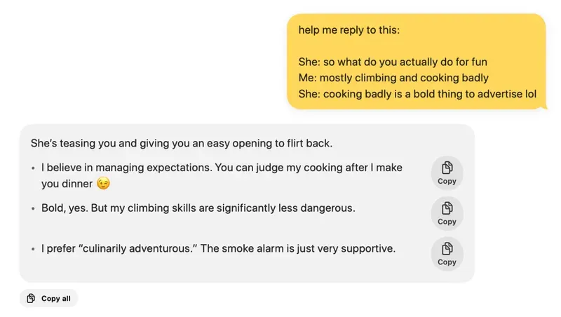 Zirp for Mac: a pasted chat ("help me reply to this"), Zirp's read that she is teasing and giving an easy opening to flirt back, and three replies, each with a Copy button, plus Copy all.