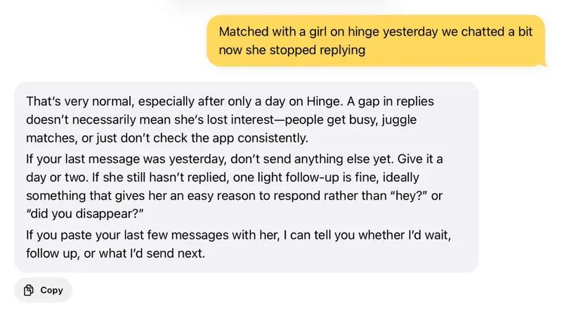 Zirp on iPad: the message "Matched with a girl on hinge yesterday we chatted a bit now she stopped replying" and Zirp's answer that a one-day gap is normal on Hinge, with advice to wait a day or two before one light follow-up.